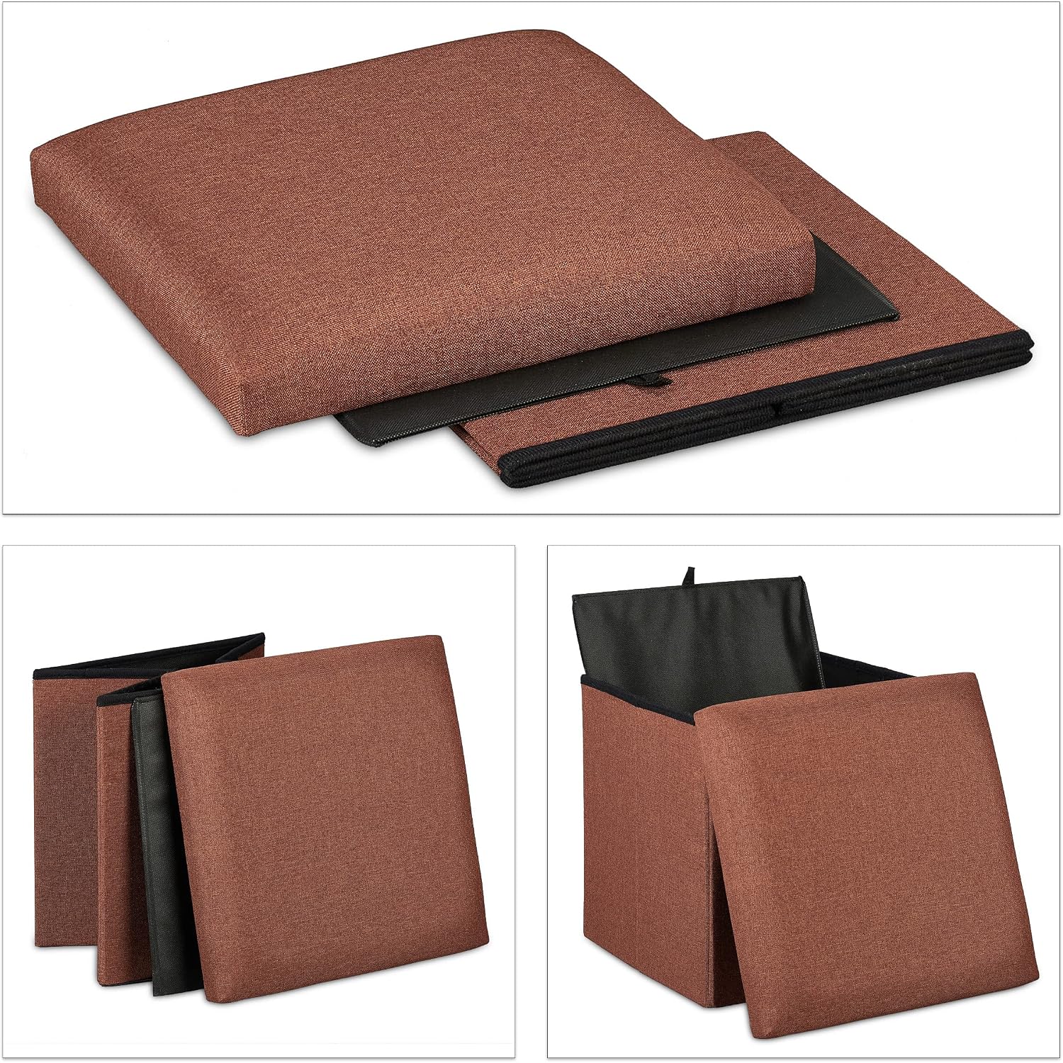 Relaxdays Stool with Storage Space, Foldable, Soft, Padded, Square, Fabric, Cube, HxWxD: 37 x 37.5 x 37.5 cm, Brown