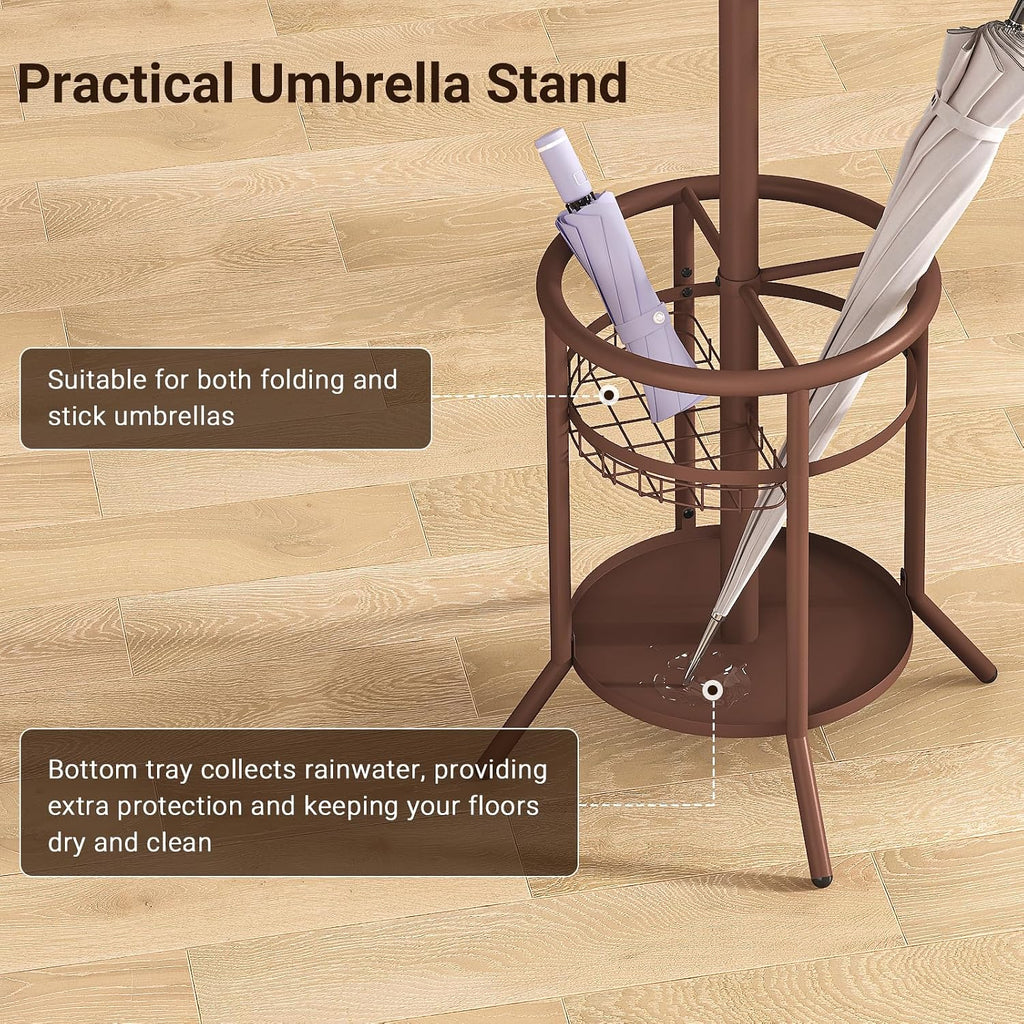 ELYKEN Coat Rack Freestanding, Metal Coat Rack with Umbrella Holder | 12 Hooks, Round Base, Heavy Duty Floor Standing Coat Tree for Entryway, Hallway, Living Room, Bedroom, Office, Brown