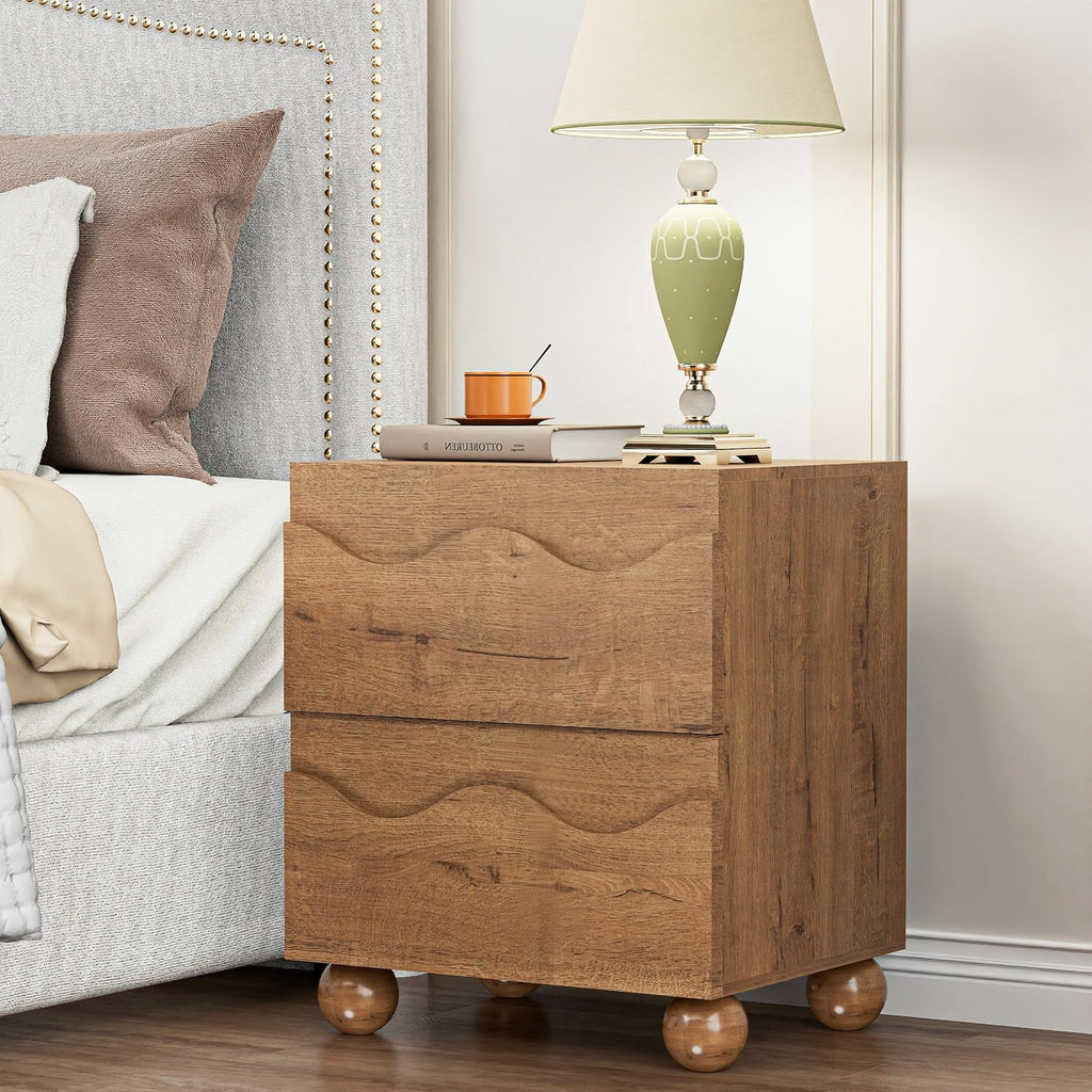 Anbuy Scalloped Nightstand for Bedroom with 2 Drawers, Modern Night Stand with Hidden Handle, Wooden End Table, Fluted Wood Bedside Table for Living Room, Natural Oak