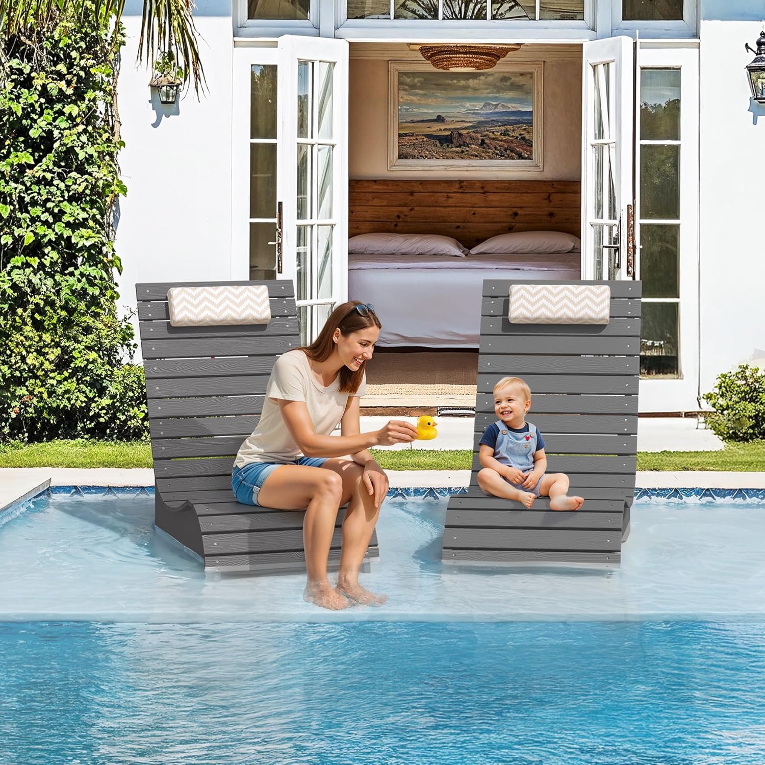 HDPS Pool Lounge Chairs Set of 2, Use in Pools Lounge Chairs up to 10-Inches of Water, Chaise Chairs with Headrest, Lounge Chair Outdoor, Fade-Resistant Pool Lounger for Deck