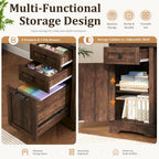 Squireewo 68.9'' Farmhouse L Shaped Desk with Hutch and Drawers, 76" High Wood Executive Home Office Desk with Charging Station, File Drawer and Cabinet, Computer Corner Desk with Sliding Doors, Brown