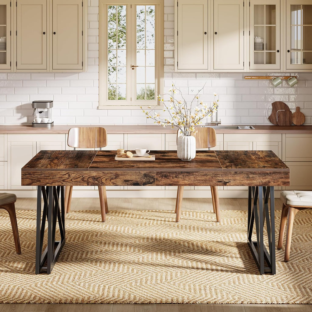 Tribesigns 63-Inch Dining Table for 4-6, Industrial Farmhouse Kitchen Table with Reinforced X-Shaped Metal Legs for Dining & Living Room, Kitchen, Vintage Brown and Black