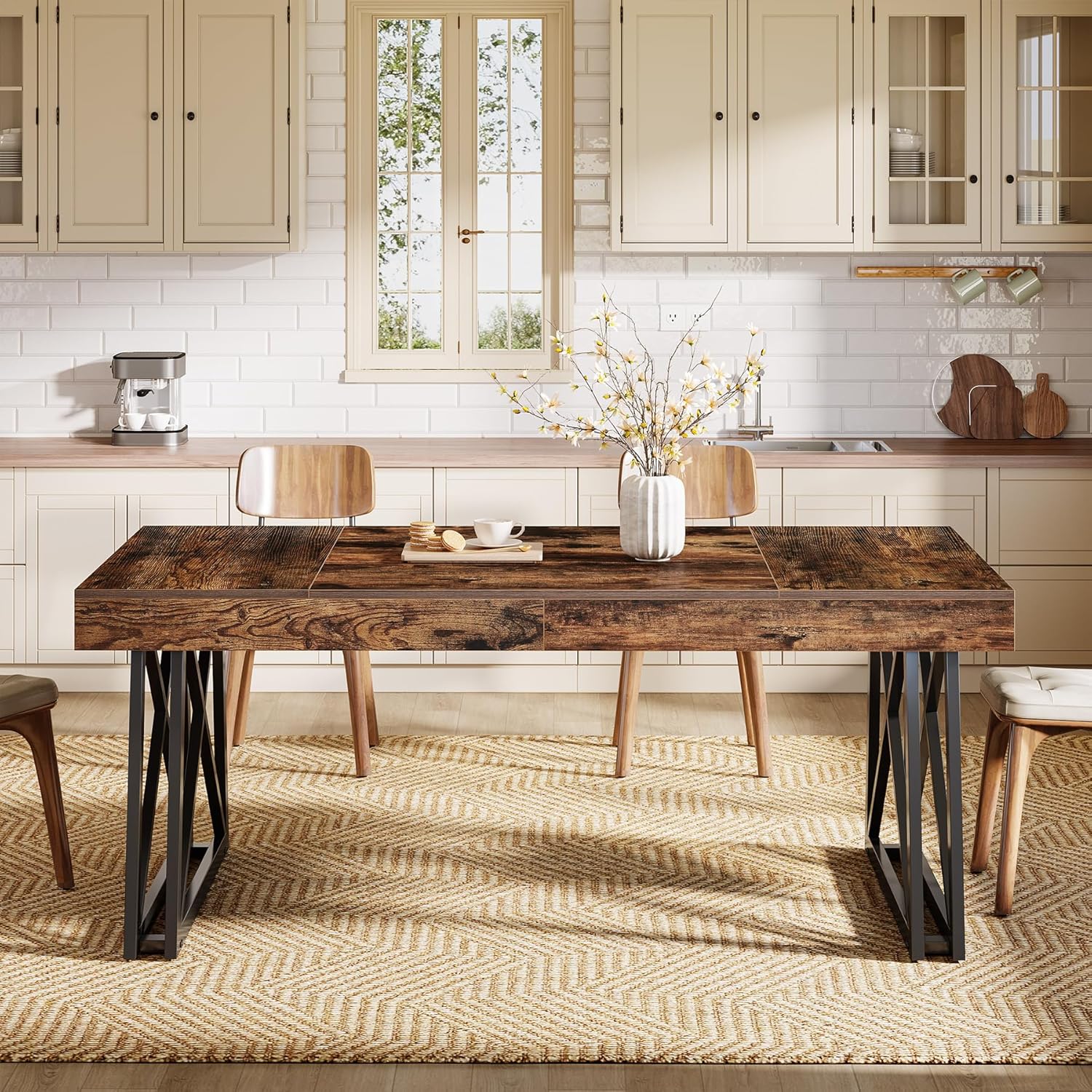 Tribesigns 63-Inch Dining Table for 4-6, Industrial Farmhouse Kitchen Table with Reinforced X-Shaped Metal Legs for Dining & Living Room, Kitchen, Vintage Brown and Black