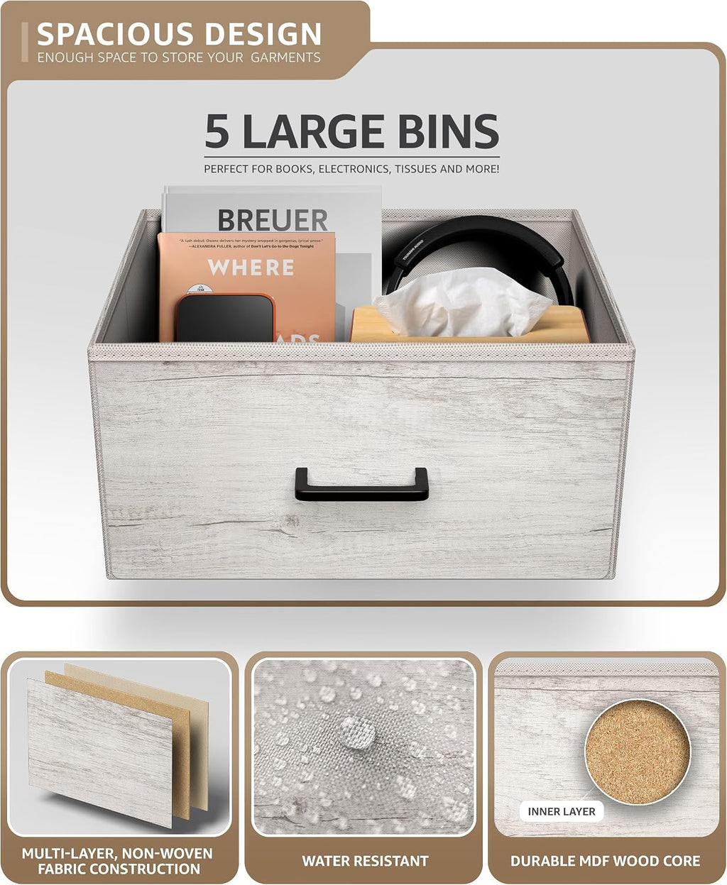 Sorbus Nightstand Dresser with 5 Faux Wood Drawers – Tall Bedside Table Chest with Storage, Steel Frame, Wood Top, Easy Pull Fabric Bins for Bedroom, Living Room, Closet & Dorm Furniture Lamp Stand