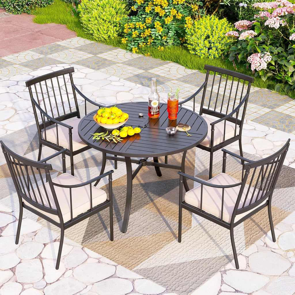 PHI VILLA Patio Round Table w/Umbrella Hole, Metal Table for 4, Black | 42" wrought iron dining table. Slatted top design, weather resistant. Perfect for outdoor deck, porch, backyard.