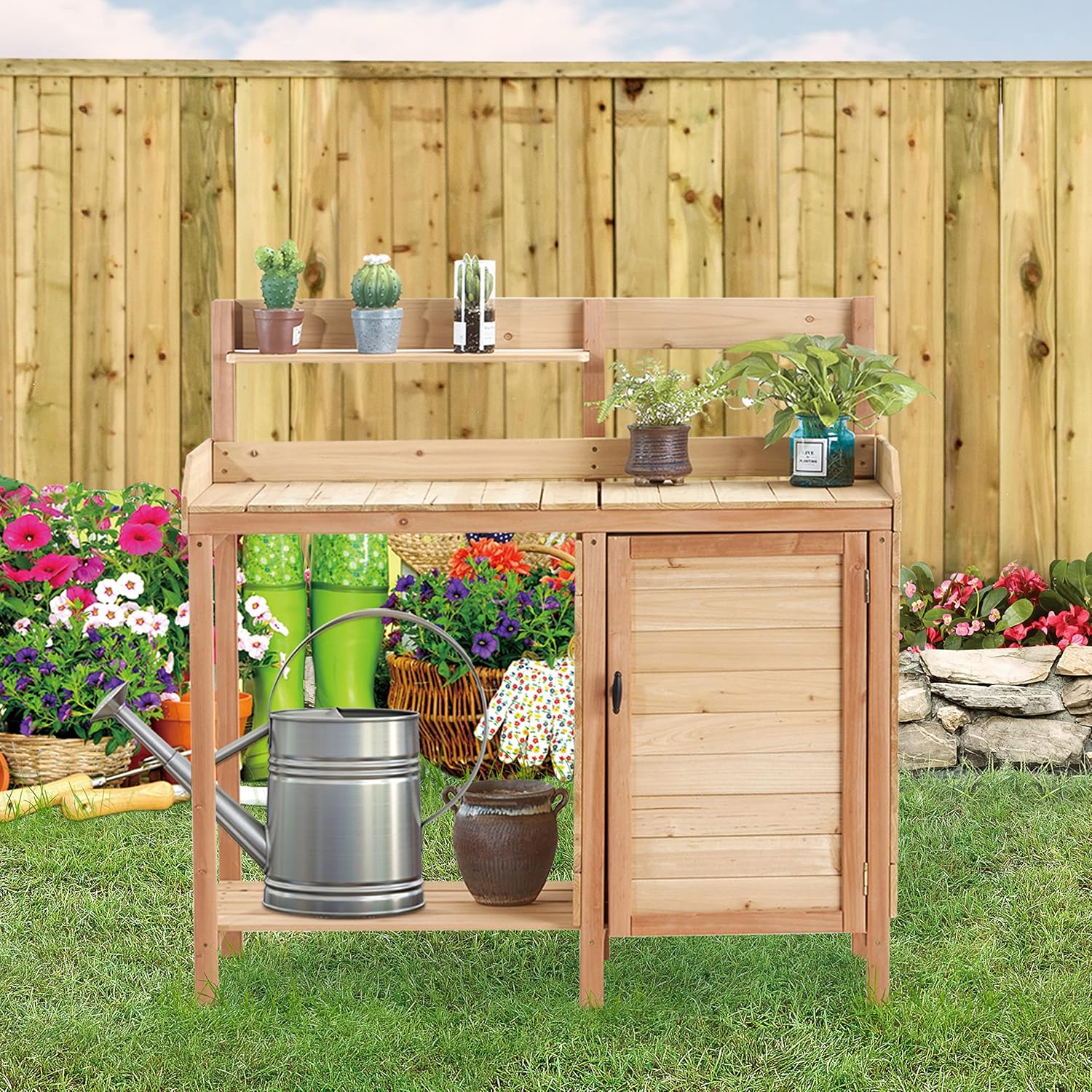 Outdoor Wooden Potting Bench with Sink, Sliding Tabletop & Removable Tray, Large Storage Cabinet + Bottom Shelf, Natural Wood Garden Workstation for Patio & Lawn