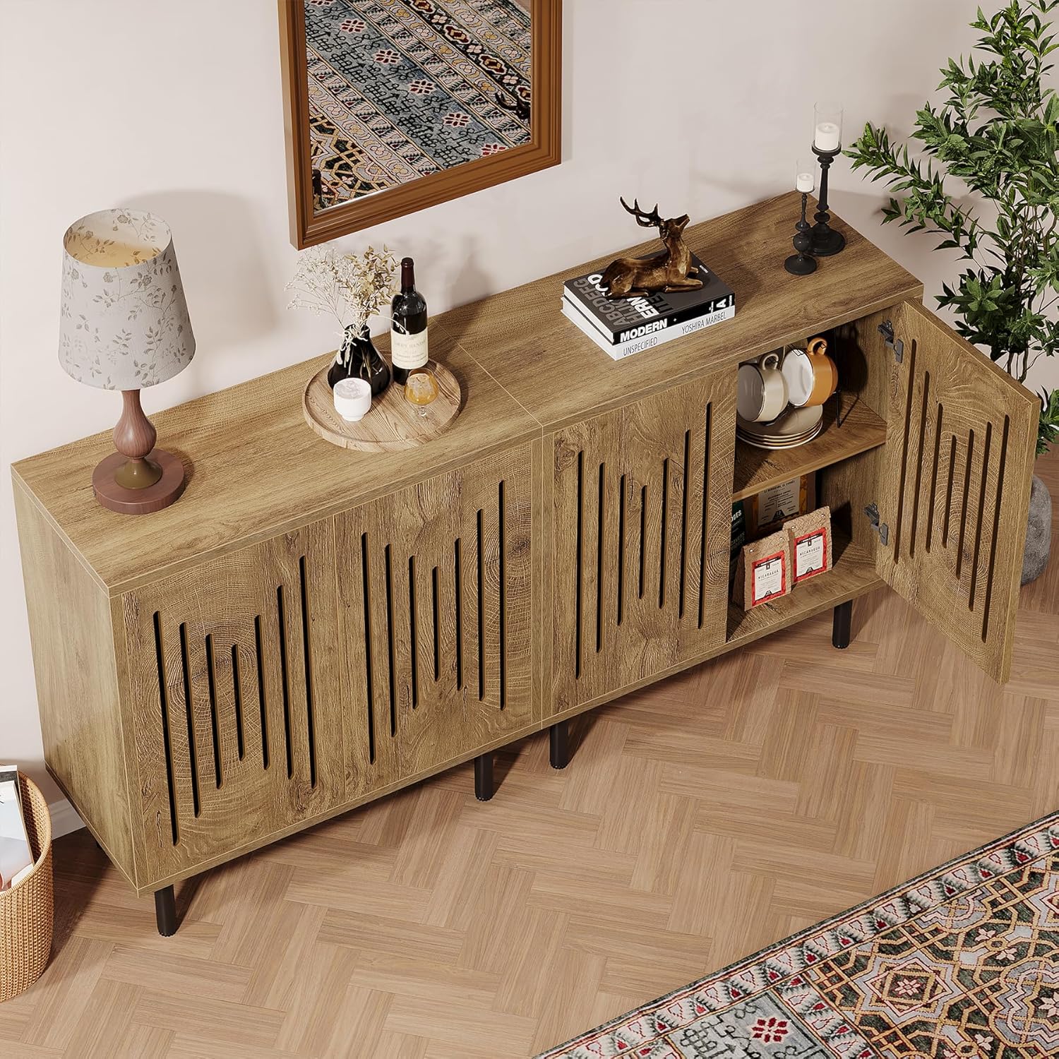 Tribesigns Set of 2 Sideboard Buffet with Storage, 59" Buffet Sideboard Cabinet with Adjustable Shelves, Accent Storage Cabinet for Living Room, Natural