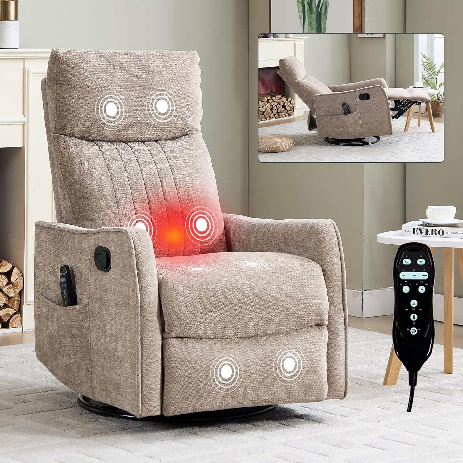 Swivel Rocker Recliner Chair, Nursery Rocking Chair with Heat and Massage, Glider Reclining Chair for Living Room Small Space Bedroom, Chenille Khaki
