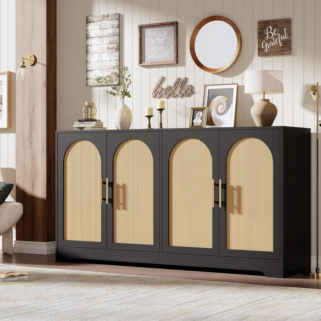 IDEALHOUSE 59" W Sideboard Buffet Cabinet- with 4 Rattan Doors, Large Storage Console Table & Modern Accent Coffee Bar Cabinet for Living Room, Kitchen, Hallway, Dining Room, Entryway, Black