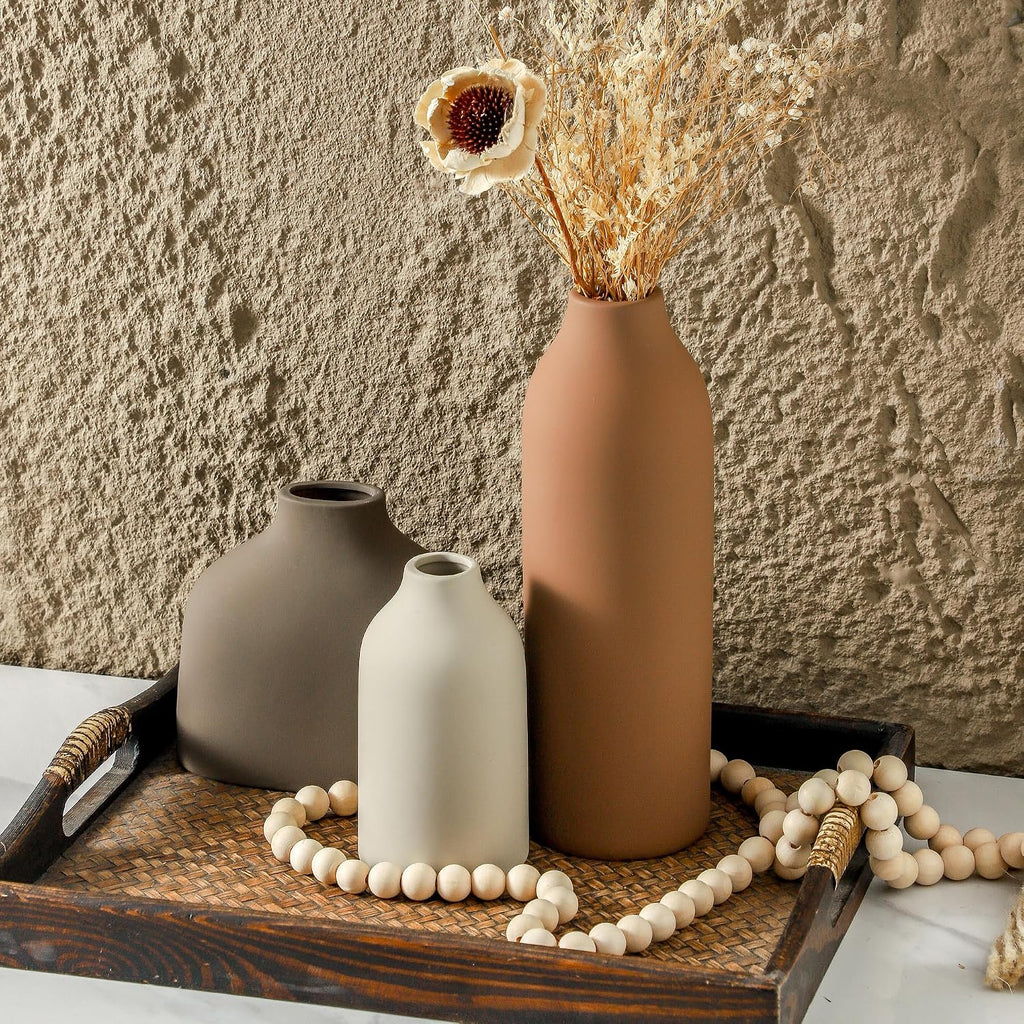 Enra Modern Ceramic Vase Set of 3 for Living Room Decor Centerpiece,Cute Small Farmhouse Rustic Pottery Vases for Pampas Grass, Dried Flowers, Artificial Plants,Tabletop Accents for Bookshelf Entryway