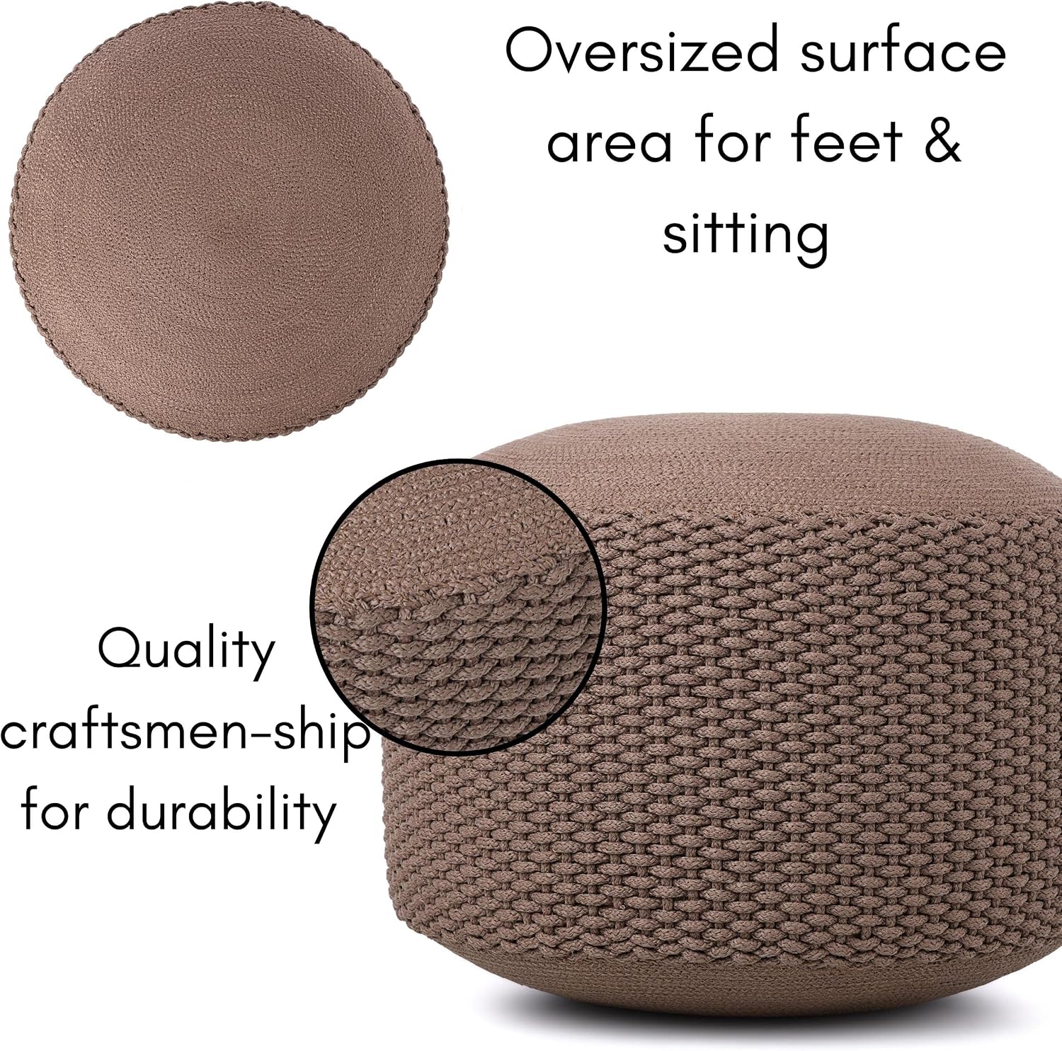 BIRDROCK HOME Outdoor Pouf Ottoman | Hand Woven Waterproof Foot Stool with Bead Bag Filling | Boho Foot Rest for Patio, Living Room, Porch & Outdoor Seating | Lightweight, Soft Stuffed Chair | Brown