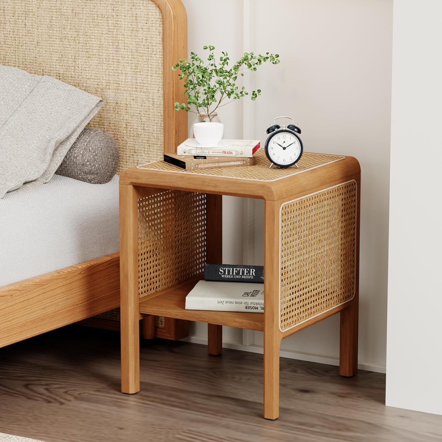 Aklaus Rattan Side Table Small End Table mid Century Living Room Wood Vintage Side Accent Table japandi Rattan Boho nightstand