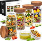 EDELHAUS 4 Pack Glass Salad Jars with Wooden Lids for Meal Prep, Leakproof Container with Two Small Built in Cups for Wet/Dry Separation for Salad Dressing and Ingredients, 32oz Mason Jars (Acacia)