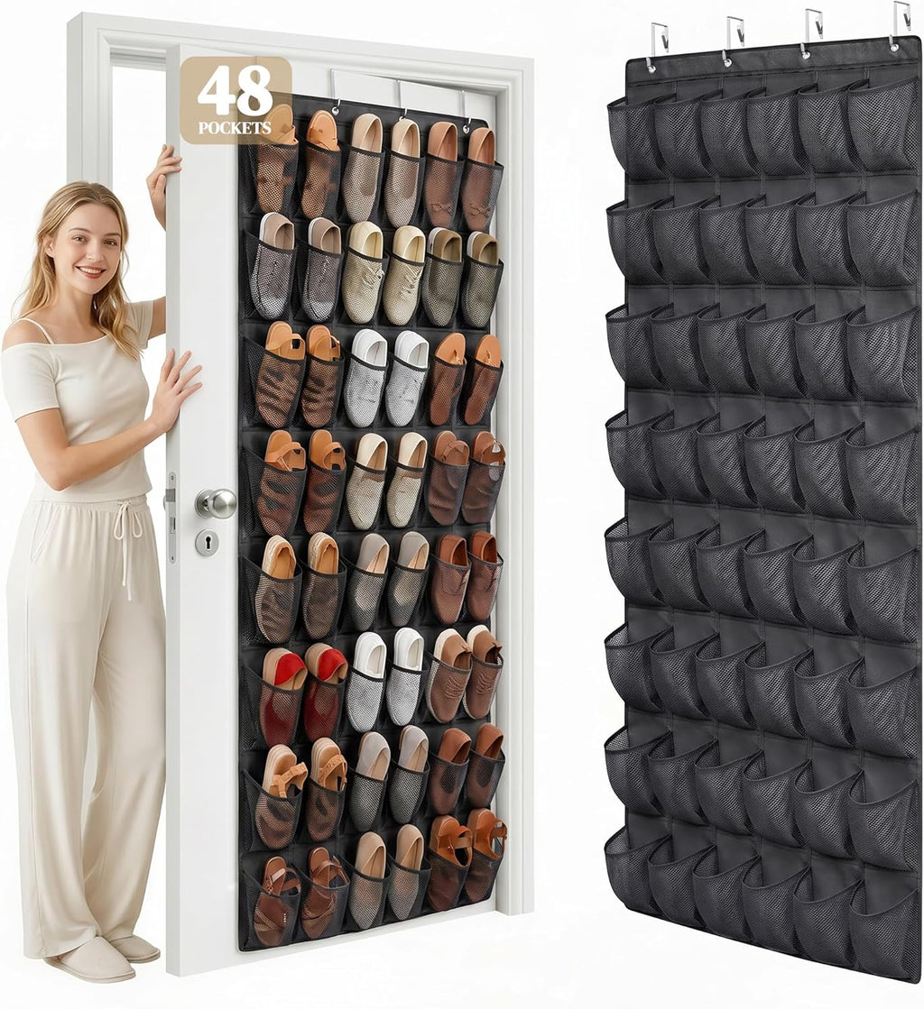 48 Pockets Over the Door Shoe Organizer, Large Mesh Hanging Shoe Rack, 6-Column Heavy Duty Shoe Storage for Sneakers and Heels, Behind Door Holder for Entryway Bedroom Dorm College, Black