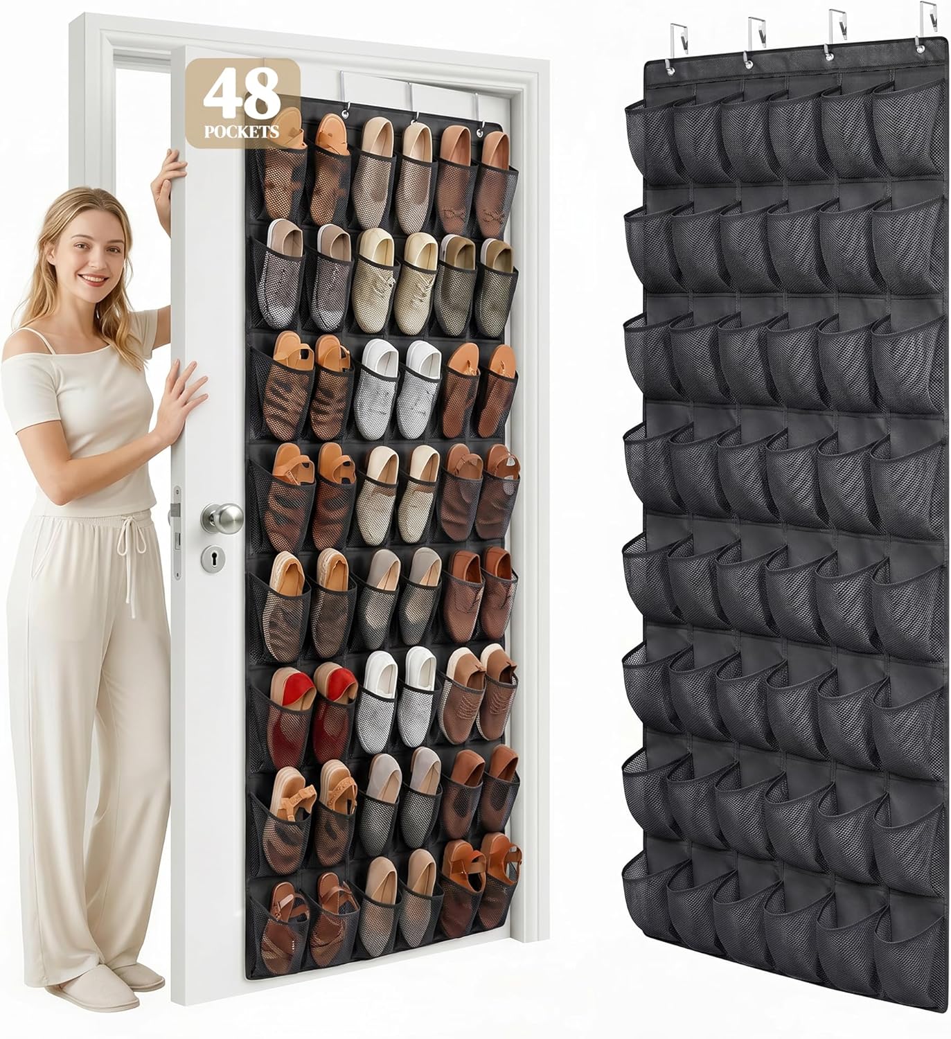 48 Pockets Over the Door Shoe Organizer, Large Mesh Hanging Shoe Rack, 6-Column Heavy Duty Shoe Storage for Sneakers and Heels, Behind Door Holder for Entryway Bedroom Dorm College, Black