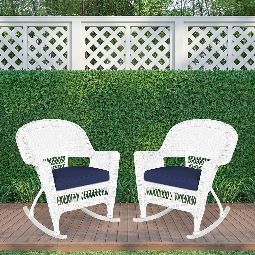 Jeco Rocker Wicker Chair with Blue Cushion, Set of 2, White