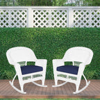 Jeco Rocker Wicker Chair with Blue Cushion, Set of 2, White