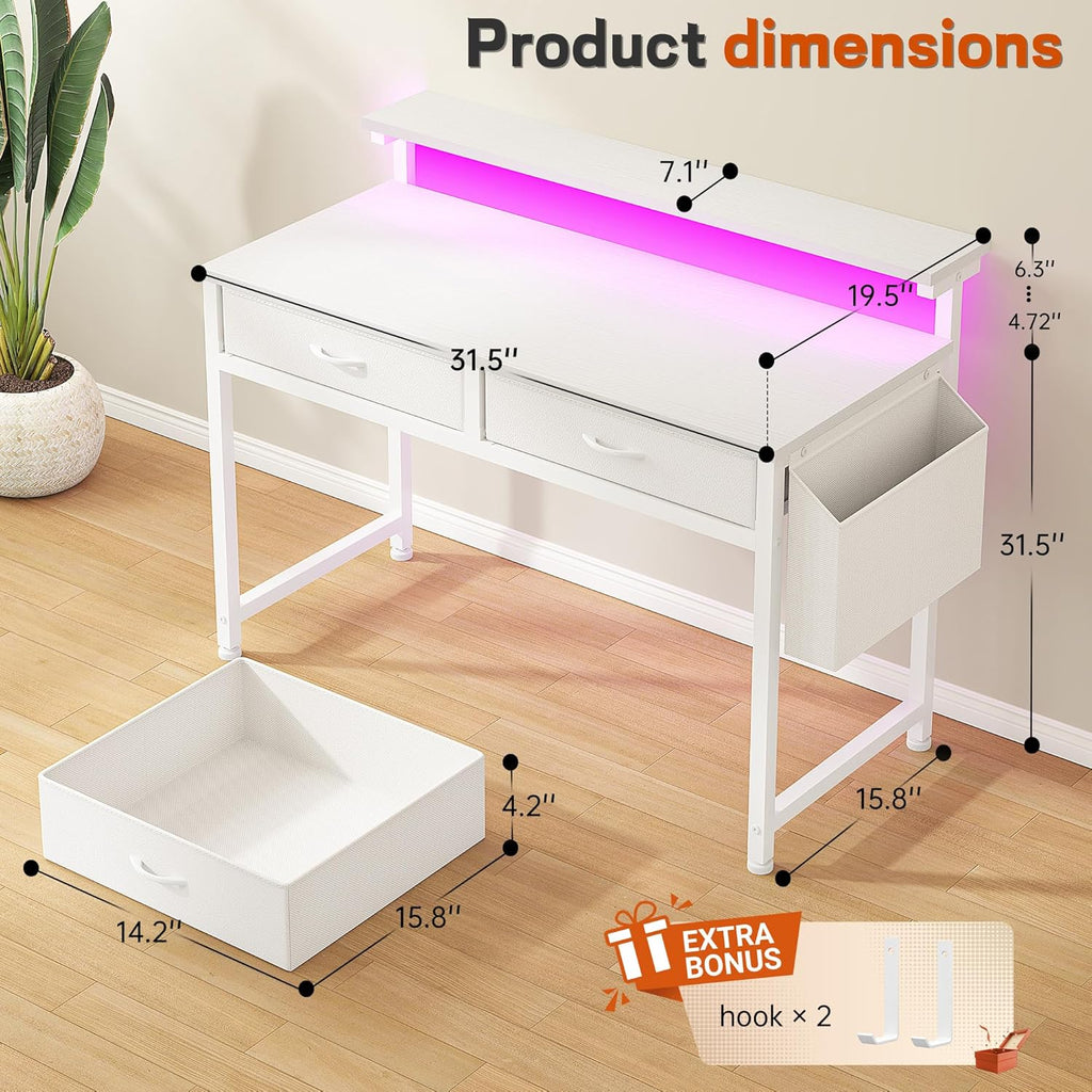 DurayLoly Computer Desk with 2 Drawers & LED Lights,31Inch Home Office Desks with Side Pocket and Monitor Stand,Study Writing Table for Small Spaces,White