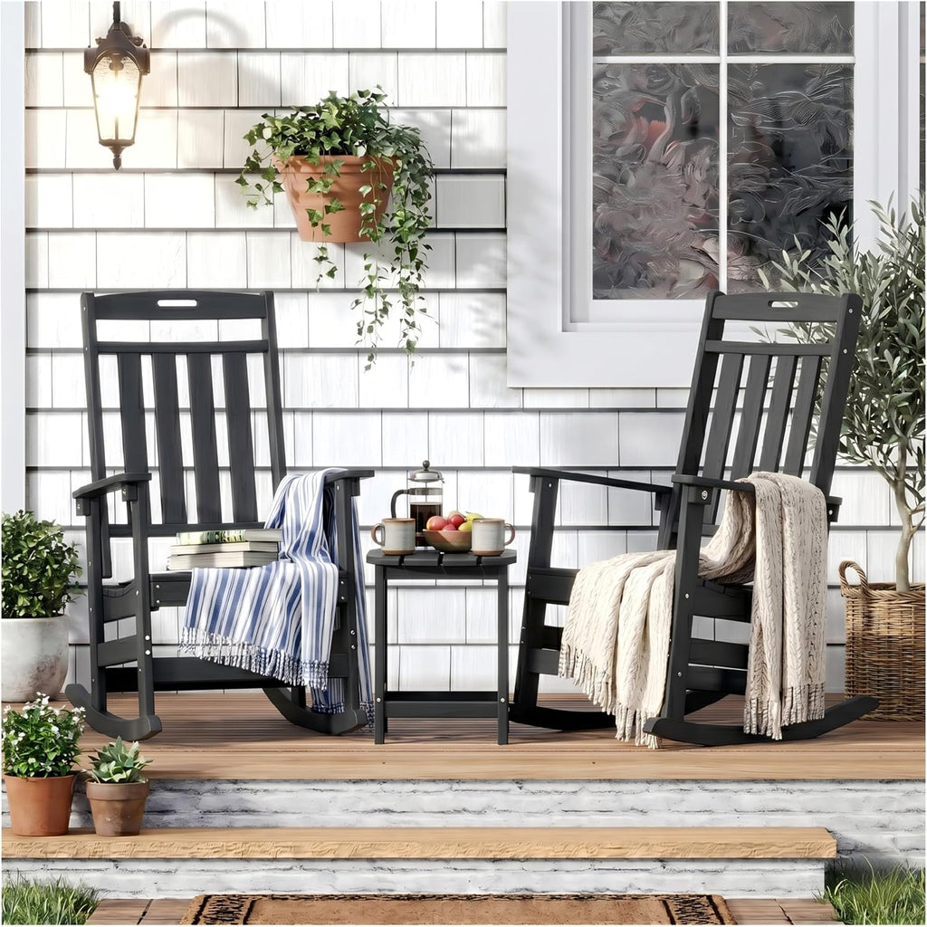 Outdoor Oversized Rocking Chairs Set of 2, HDPE All-Weather Resistant, Front Porch Rockers, Black