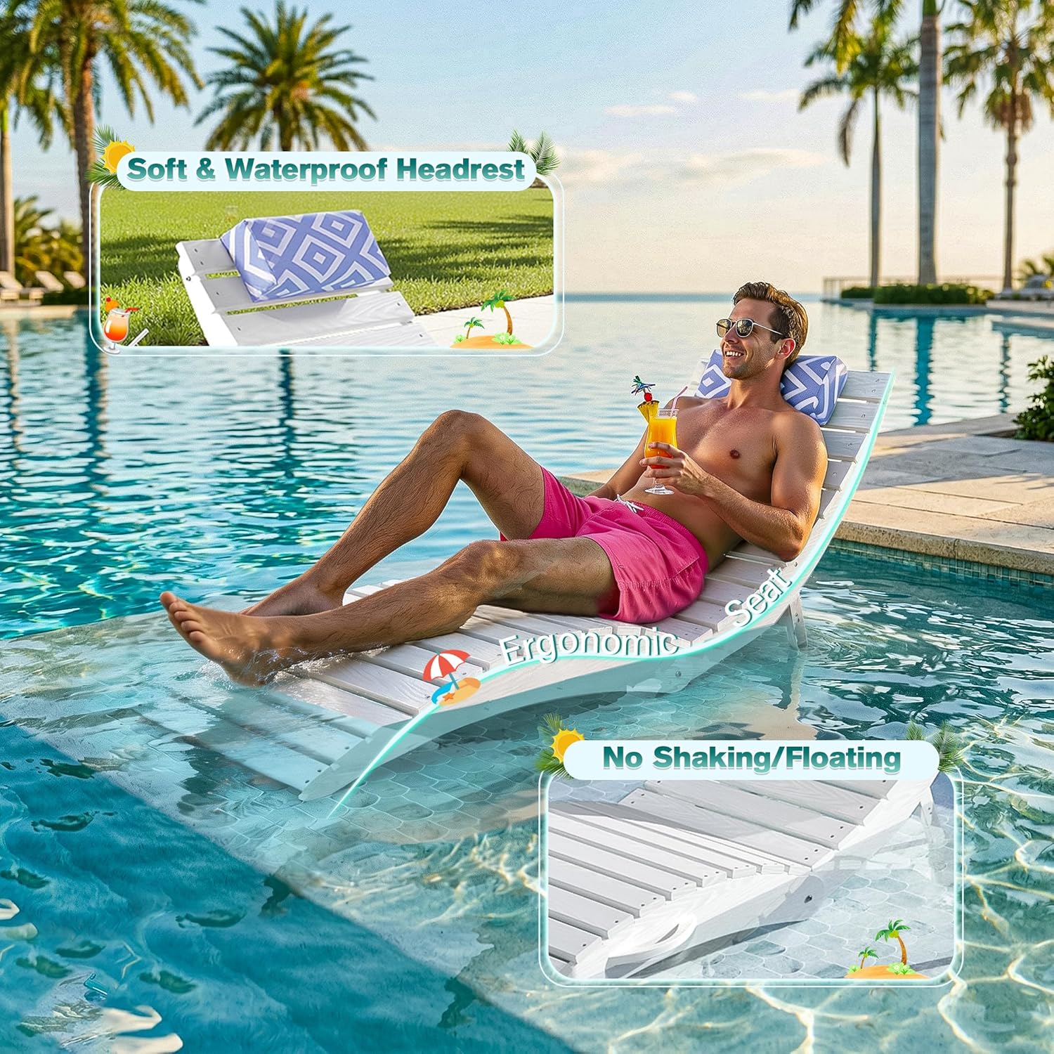 nalone Foldable Pool Lounge Chair, HDPE in Pool Chaise Lounge (2, White) | With Wheels and Pillow, No Installation Required, Large Size, For Pool Beach Patio, Folding Tanning Chairs