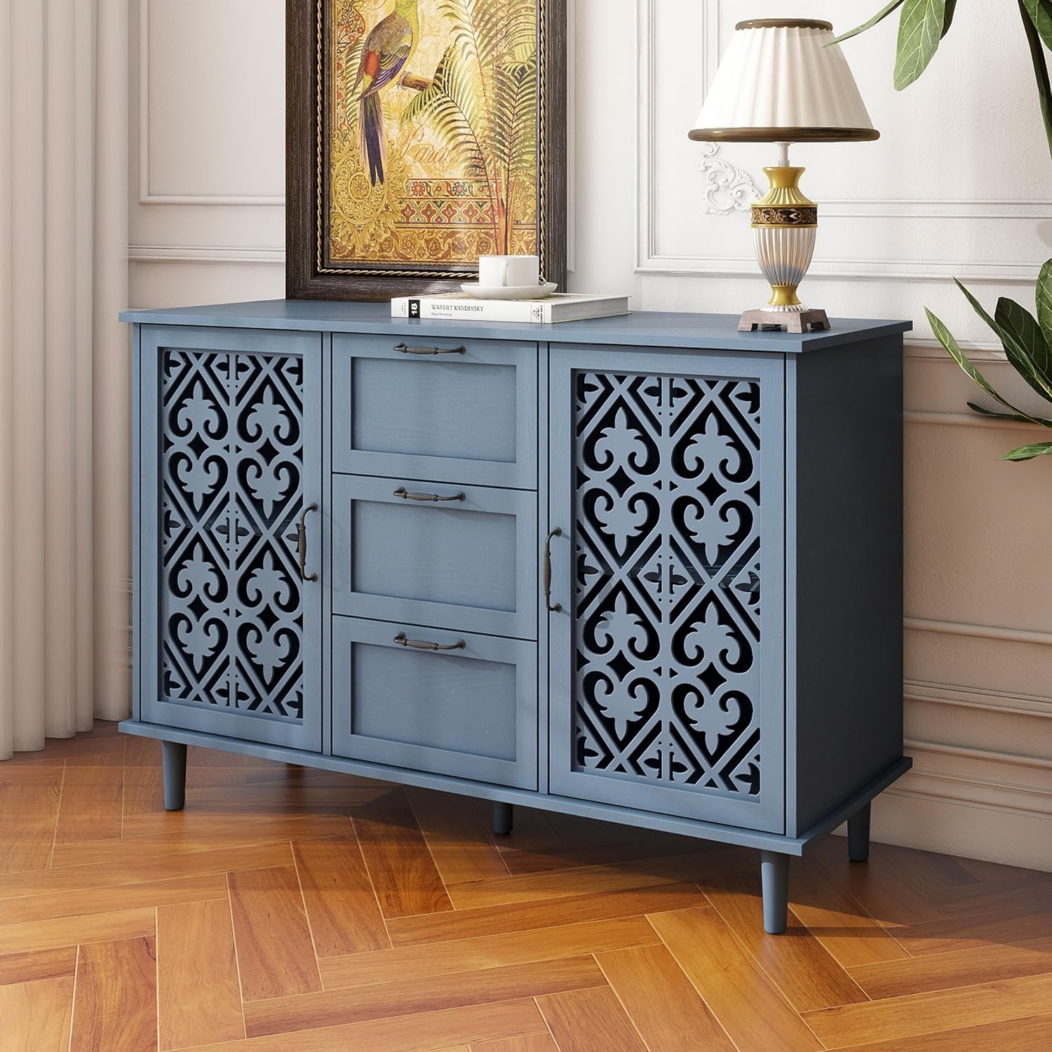 Sideboard Buffet Cabinet, American Farmhouse Blue 2 Door 3 Drawer Storage Credenza, Hollow Carved, Living Room Entryway Kitchen Dining Room Console Table, Home Furniture Decor