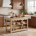 LITTLE TREE 59-Inch Kitchen Island with Seating and Storage, Large Farmhouse Stationary Island Table with Large Worktop, 3-Tier Open Shelves & Leg Room, Light Oak Kitchen Prep Station, Breakfast Bar