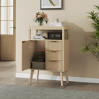 Natural Wood Bathroom Floor Cabinet with 3 Fluted Drawers & Door, Modern Storage Sideboard with Open Shelf, Coffee Bar Station for Living Room, Entryway, 23.6 x 11.8 x 34.6 Inches