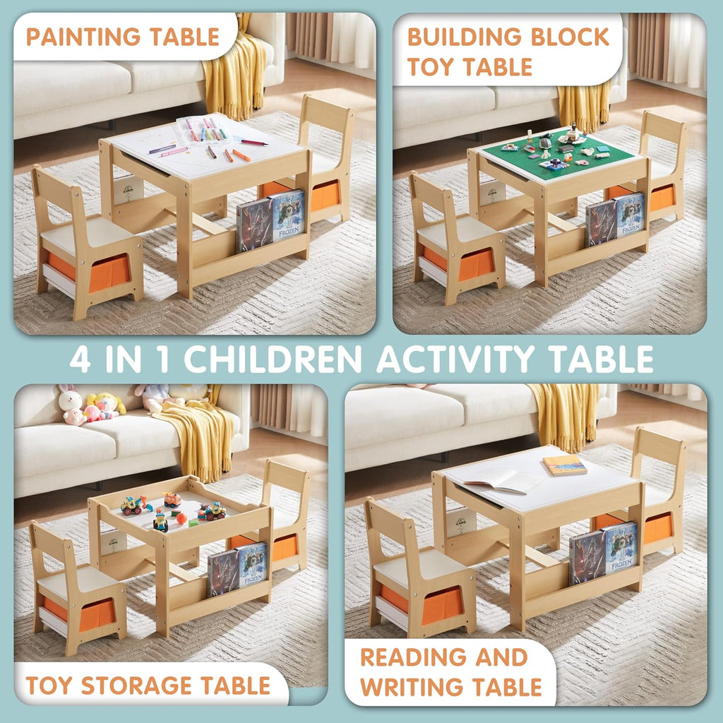 GABHX Kids Table and Chair Set, 4 in 1 Wooden Activity Table with Bookshelves and Storage Drawer, 2 in 1 Detachable Tabletop Construction Play Table Set for Drawing, Reading, Build Blocks