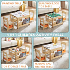 GABHX Kids Table and Chair Set, 4 in 1 Wooden Activity Table with Bookshelves and Storage Drawer, 2 in 1 Detachable Tabletop Construction Play Table Set for Drawing, Reading, Build Blocks