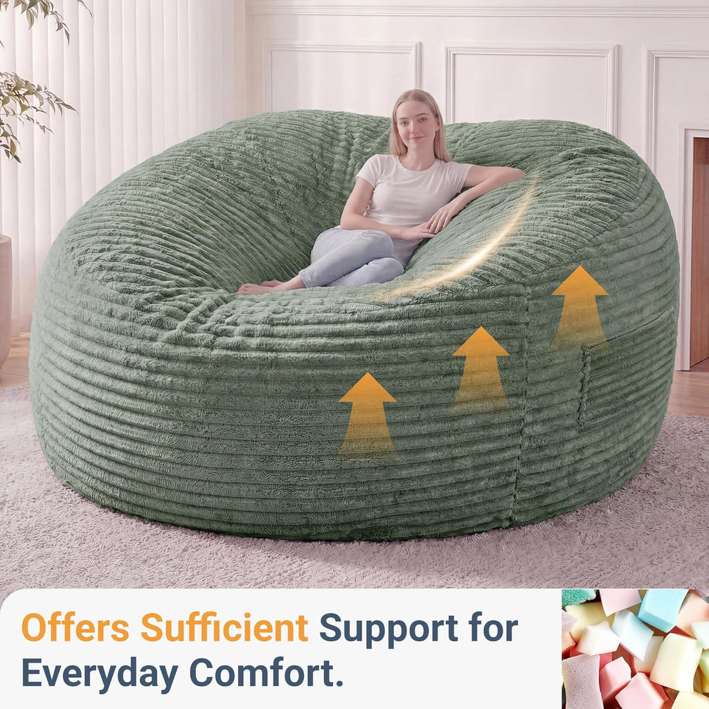 Claiks 8 Ft Giant Foam Bean Bag Chair, Oversized Couch with Removable Cover, Soft Plush Bean Bag Chairs for Adults and for Kids Teens Adults in Living Room, Green
