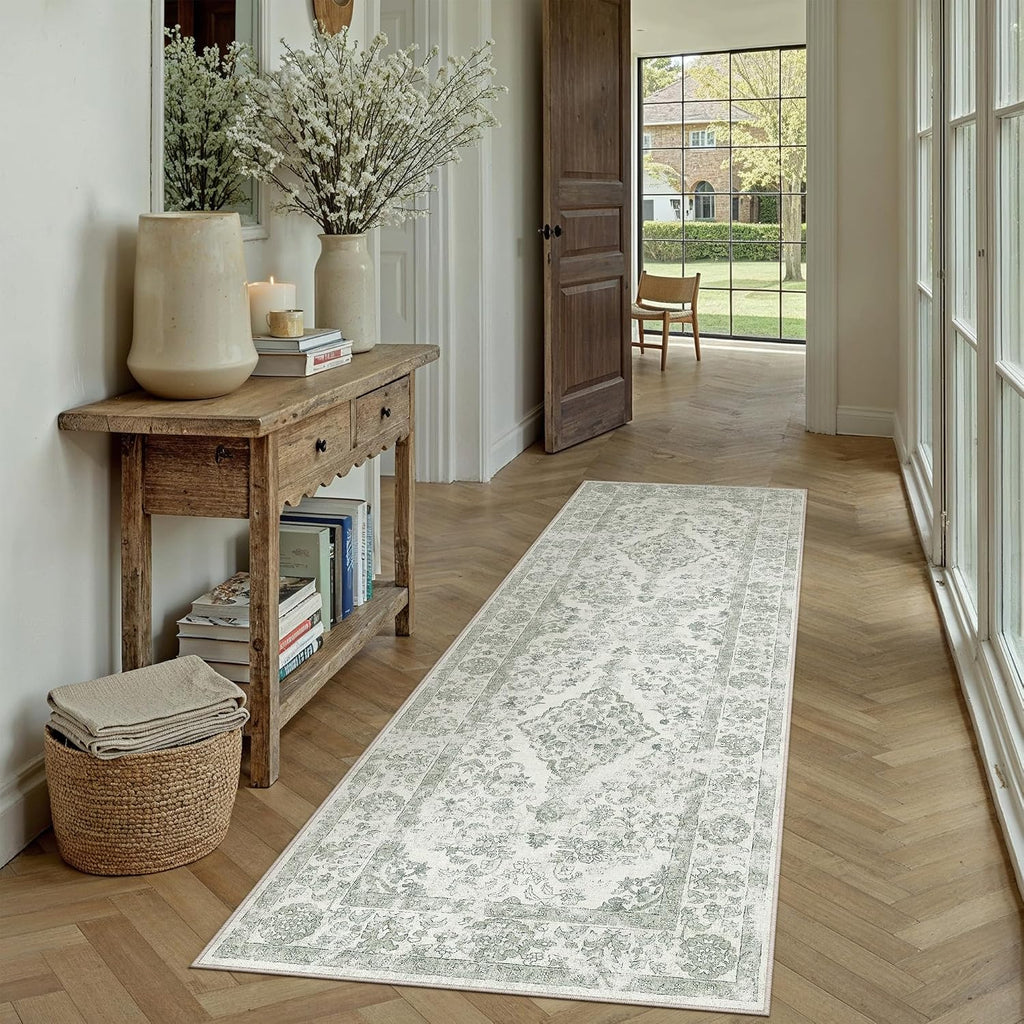PureCozy Sage Green 2x6 Runner Rug for Hallway Washable Vintage Floral Medallion Soft Long Carpet Low Pile Non Slip Distressed Indoor Doormat for Kitchen Laundry Dining Living Room