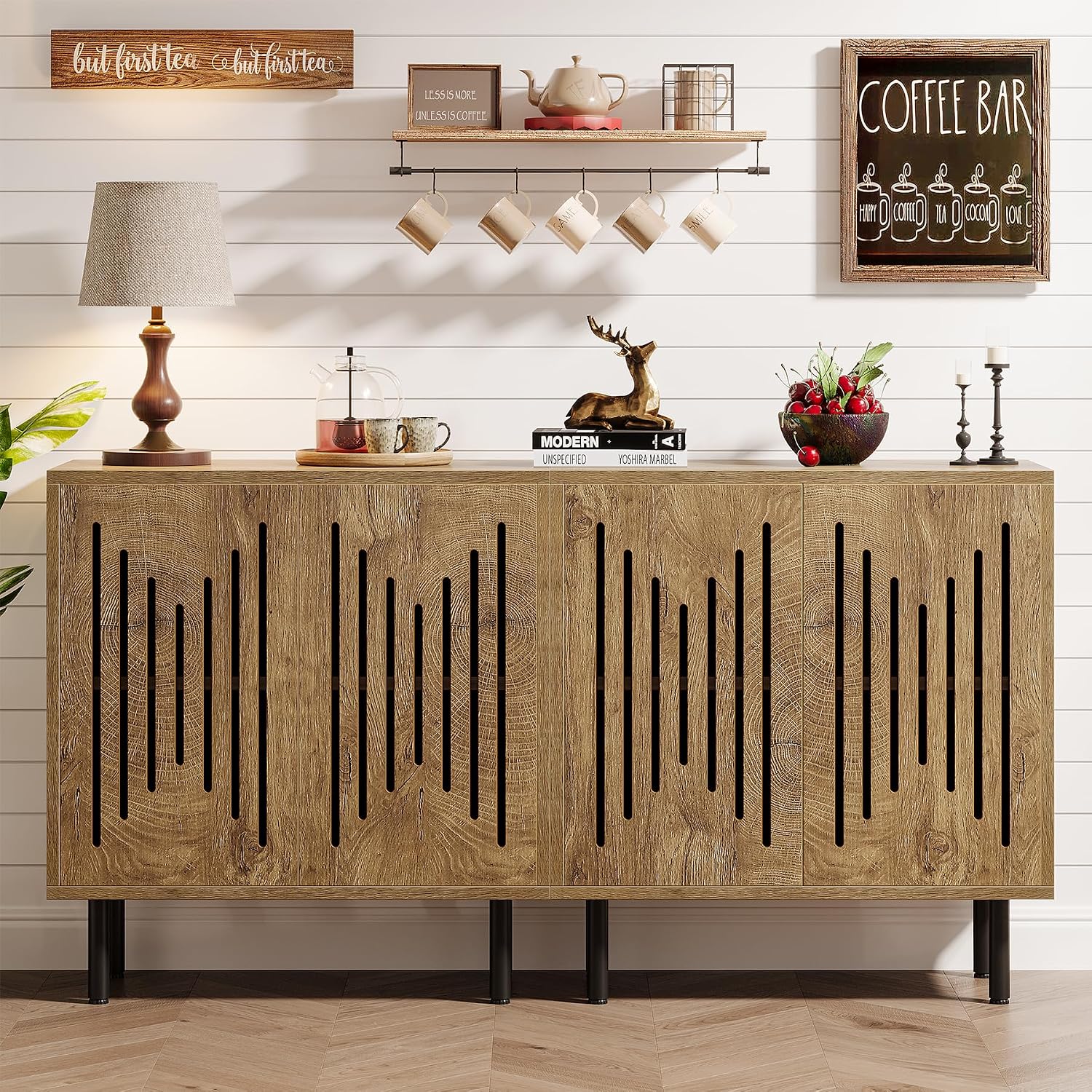 Tribesigns Set of 2 Sideboard Buffet with Storage, 59" Buffet Sideboard Cabinet with Adjustable Shelves, Accent Storage Cabinet for Living Room, Natural