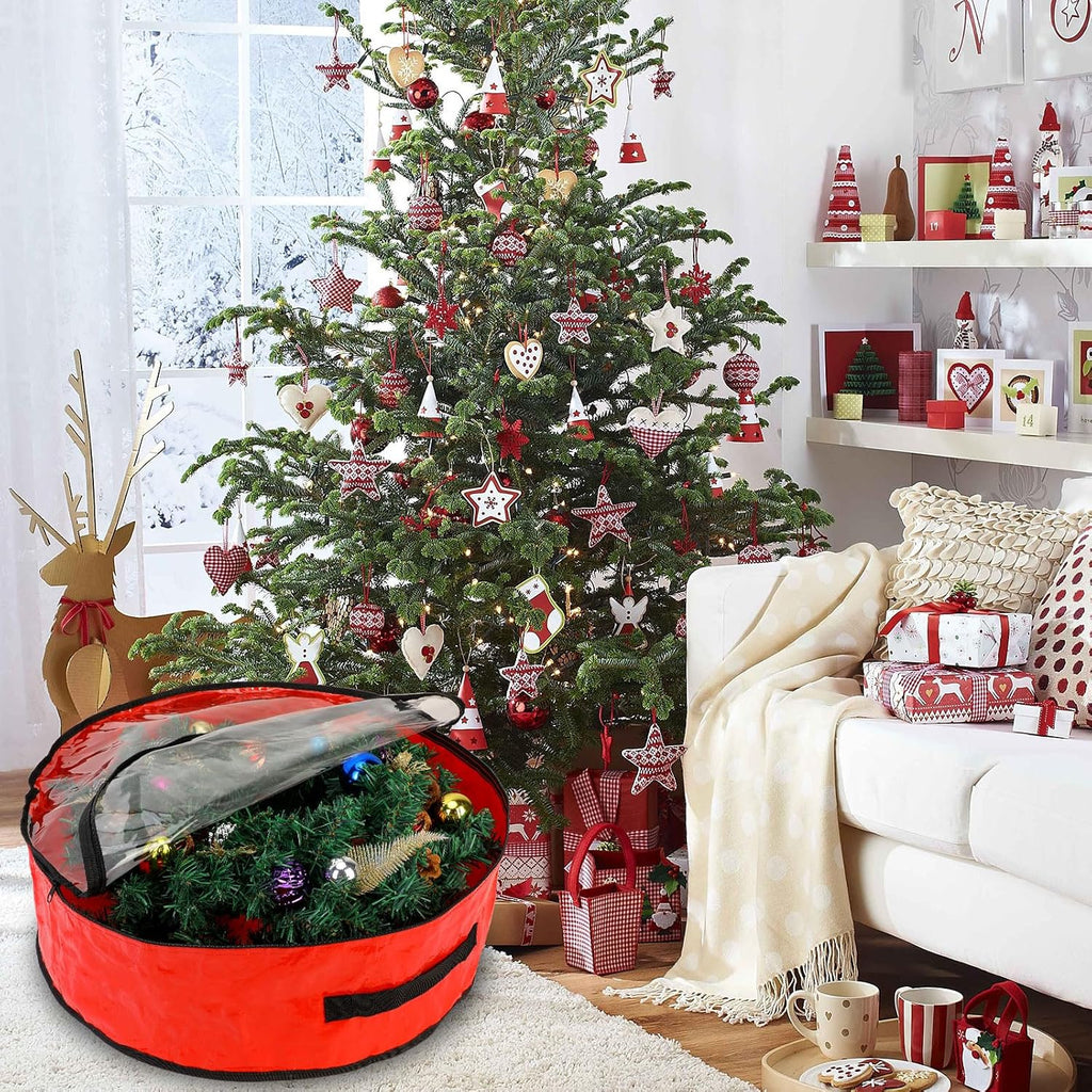 Pwsap 2 Pack Christmas Wreath Storage Container - 30 Inch, Garland Storage, Christmas Large Wreath Storage Container Cover, Durable Tarp Material, Dual Zipper Storage Bag for Xmas Holiday, Red
