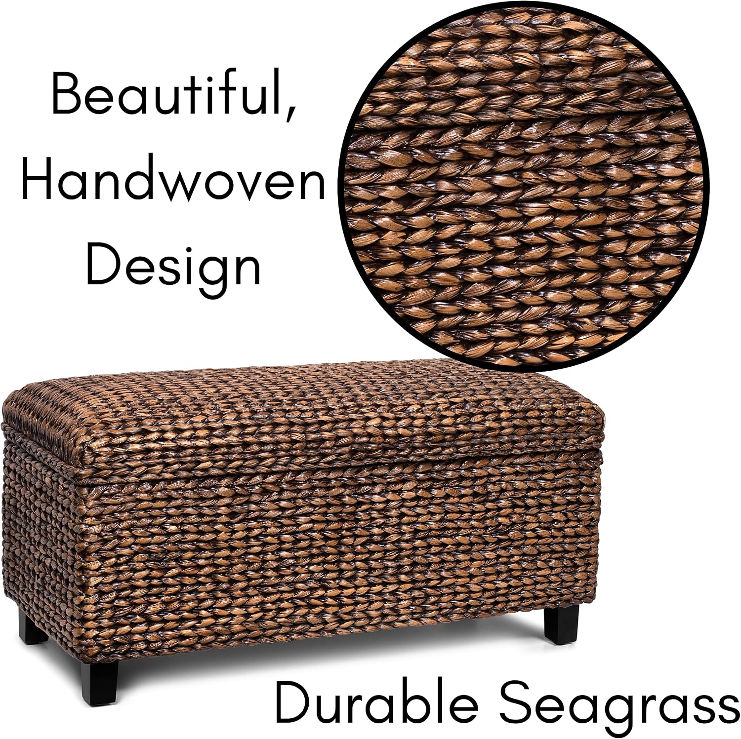 BIRDROCK HOME Hand-Woven Abaca Seagrass 36" Storage Bench with Lift-Top Lid (Brown Wash)