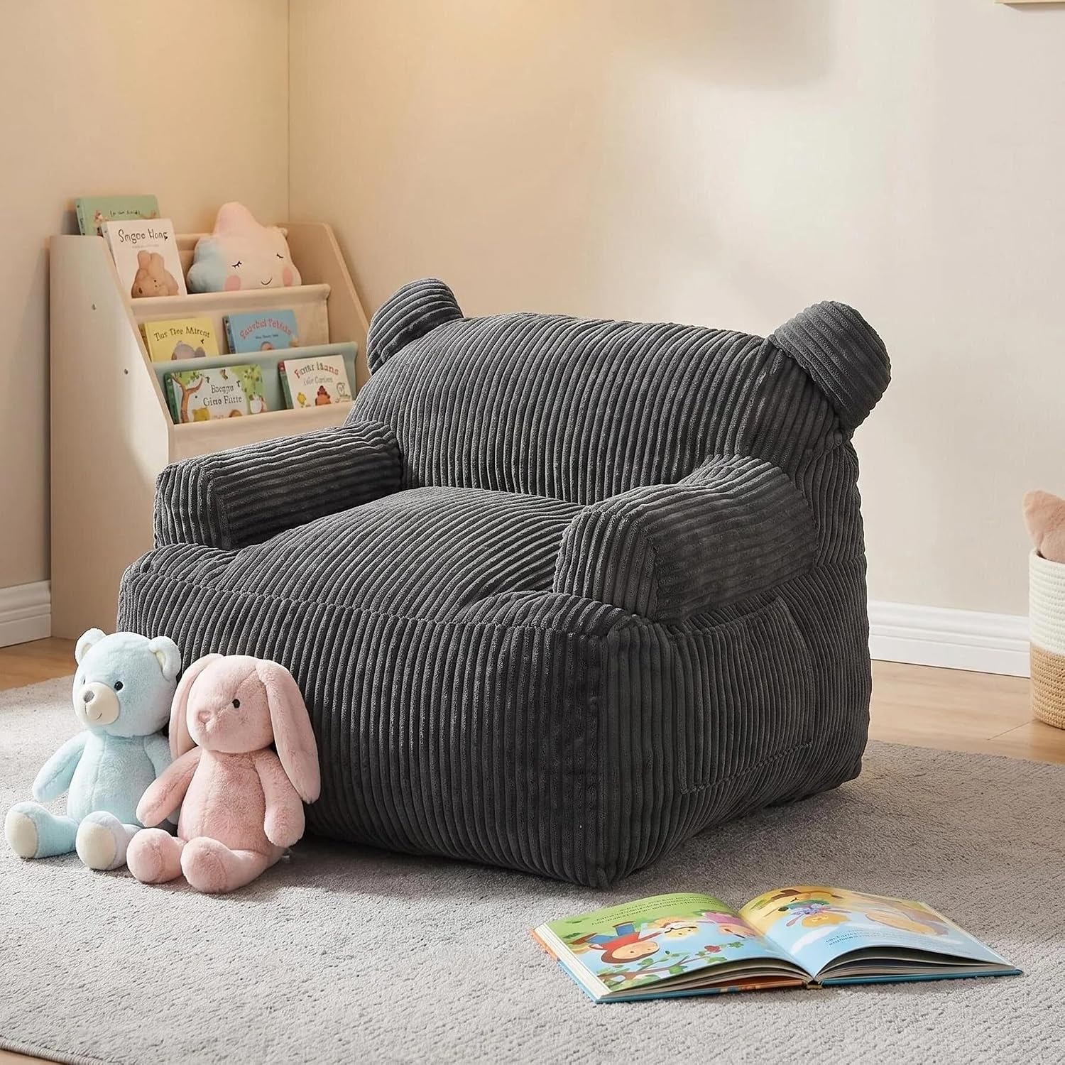 Kids Bear Ear Bean Bag Chair, Stuffed Toddler Sofa Chair with Pocket, Lazy Floor Chair for Boys and Girls, for Gaming, Reading, Nursery Playroom Bedroom