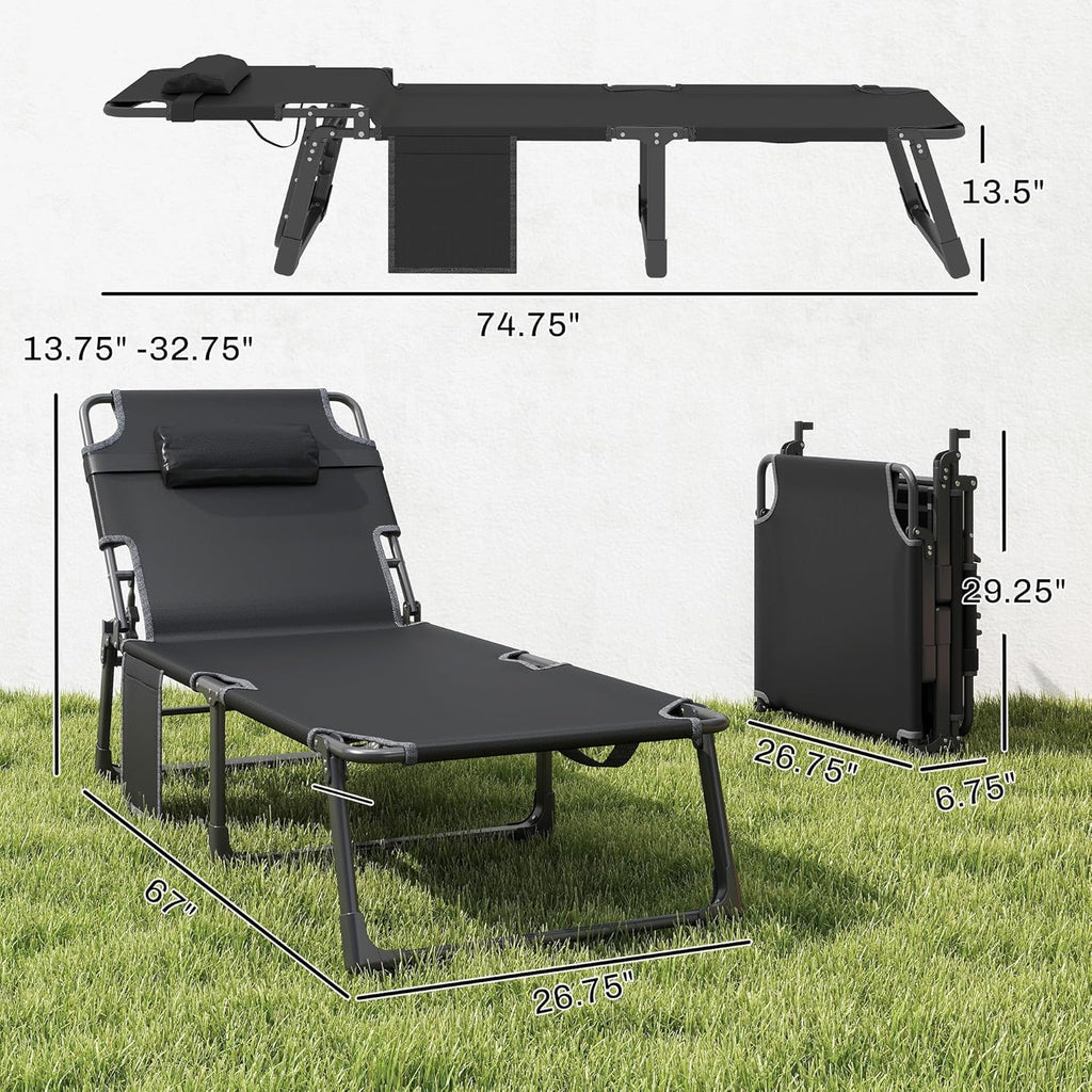Outsunny Chaise Lounge Chair Outdoor Set of 2, 5-Position Reclining Pool Lounge Chairs with Cushions, Side Pocket, Headrest, Folding Lounger Tanning Chair Camping Cot for Patio, Beach, Black