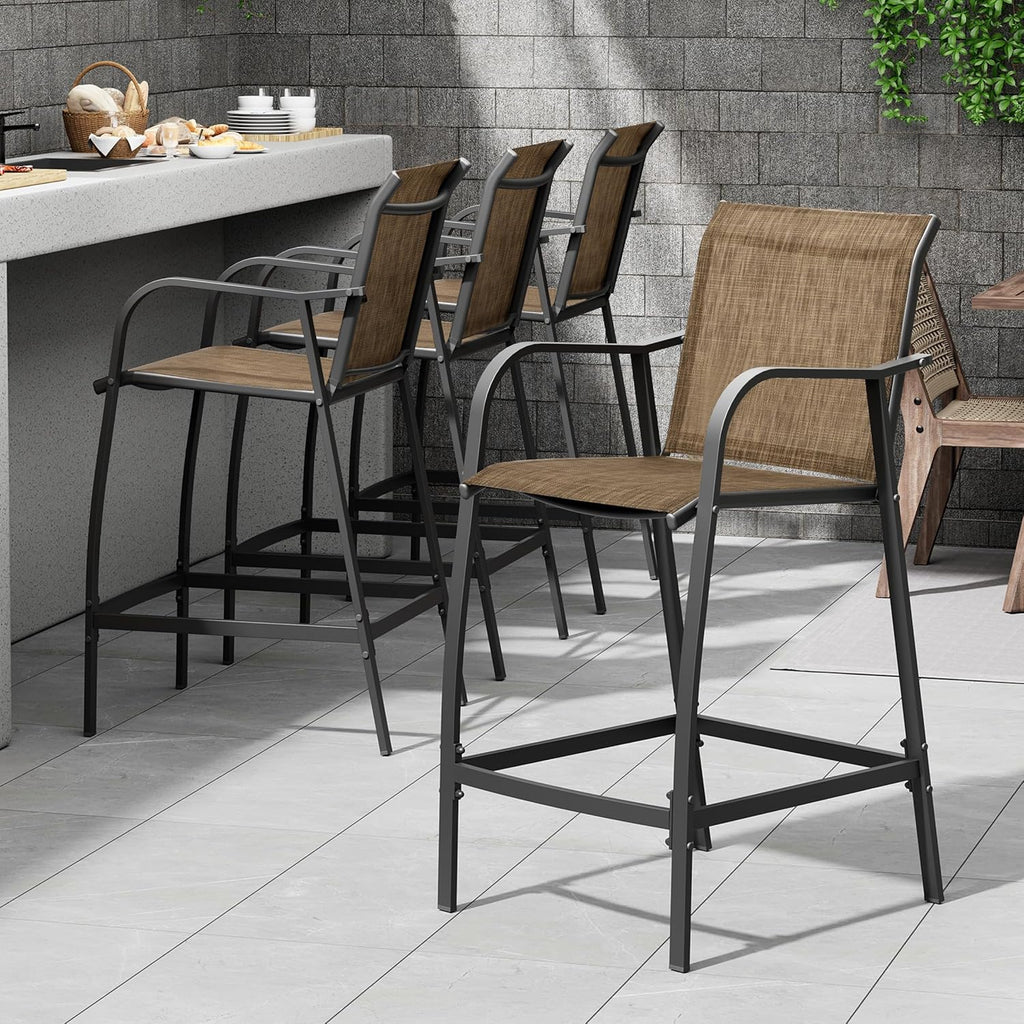 Pellebant 28.7" Outdoor Bar Stools Set of 2, Metal Patio Barstools with Back & Armrest, All-Weather Textilene Bar Height Chairs for Patio, Garden, Balcony, Brown