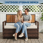 Litake Outdoor PE Rattan Storage Bench with Cushion – Iron & Plastic Wood Frame, Waterproof Fabric Seat – for Patio, Garden, Porch – Yellow or Dark Brown Rattan