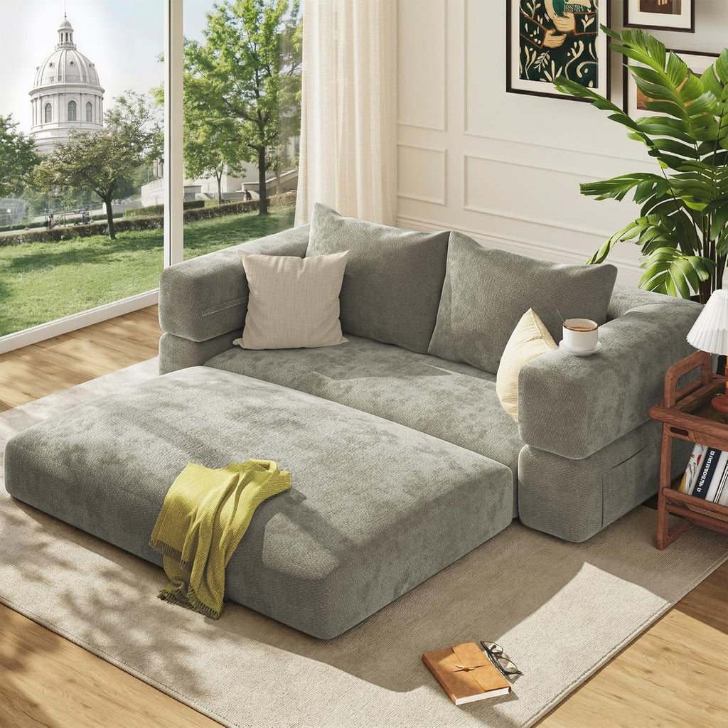 75'' Folding Convertible Sofa Bed with Large Pillow, 4-in-1 Foldable Pull Out Futon Sofa Bed, Chenille Boneless Mattress Couch, No Assembly Floor Sleeper Sofa Bed for Living Room/Bedroom, Light Brown