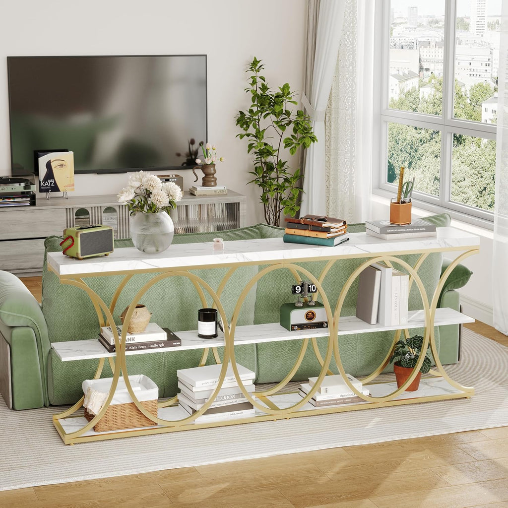 Garvee 39" Narrow Console Tables for Entryway, Industrial 3-Tier Sofa Table with Round Metal Base and Storage Shelves for Living Room, Hallway, Foyer, Gold and White Marble