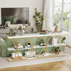 Garvee 39" Narrow Console Tables for Entryway, Industrial 3-Tier Sofa Table with Round Metal Base and Storage Shelves for Living Room, Hallway, Foyer, Gold and White Marble