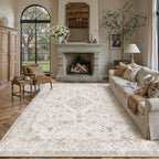 PureCozy Beige 8x10 Washable Area Rug for Living Room Neutral Vintage Floral Medallion Soft Large Rugs Low Pile Non Slip Distressed Indoor Office Carpet for Bedroom Dining Room Nursery