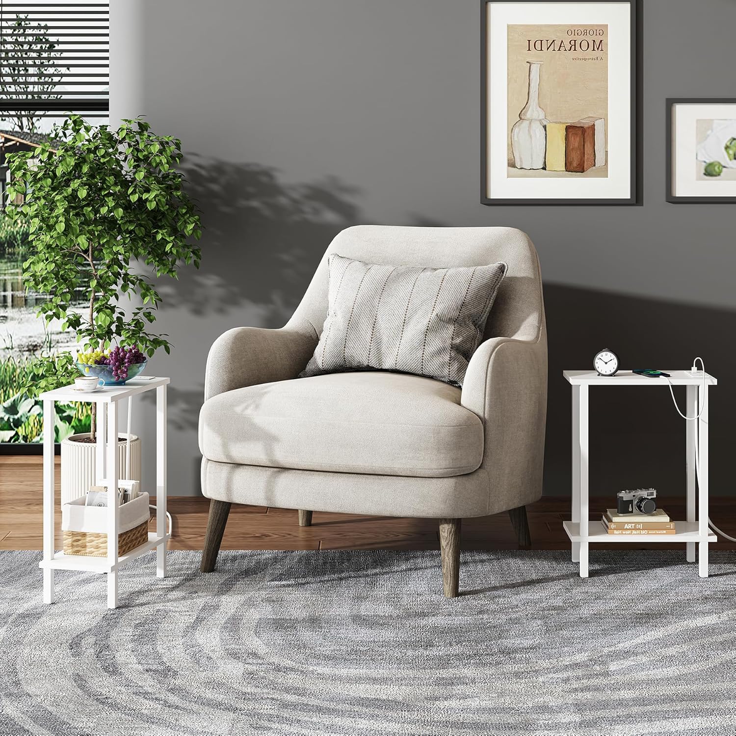 TUTOTAK Small End Table with Charging Station, Narrow Side Table with USB Ports and Outlets, Skinny Sofa Table, Slim Nightstand, Living Room, Bed Room, White TB01BW060