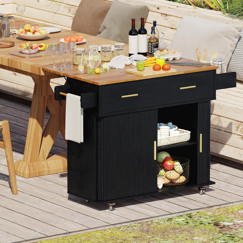 DHH Rolling Kitchen Island with Drop Leaf Countertop&Ample Storage - 39.4" Small Mobile Kitchen Cart On Wheels with Sliding Door,Drawers,Spice Rack & 2-Tier Storage(Black)