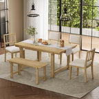 LUMISOL 6-Piece Dining Table Set for 6, Farmhouse Kitchen Table Set with 4 Upholstered Chairs with Bench, Solid Wood Table and Chairs Set for Kitchen, Dining Room, Natural Wood Wash+Beige