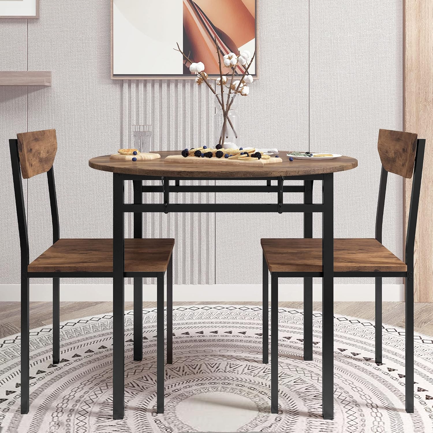 Merax 3-Piece Foldable Dining Table Set for 2 with Drop Leaf Tabletop and Two Chairs for Small Places, Kitchen, Living Room, Apartment, Rustic Brown