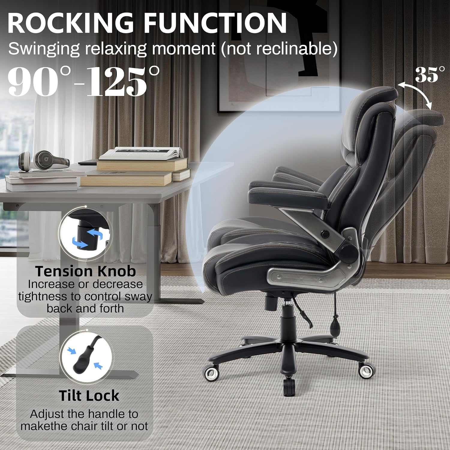 Big and Tall Office Chair 750lbs, Executive Office Chair with Adjustable Headrest&Lumbar Airbag Support, PU Leather High Back Heavy Duty Desk Chair 5D Flip Arms, Ergonomic Thick Spring Cushion, Black