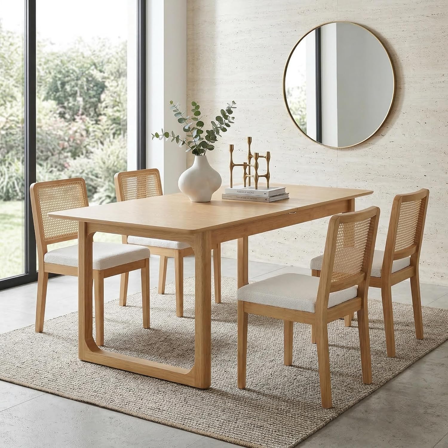 HNY Modern Farmhouse Rattan Dining Chairs Set of 4 Beige Chenille Upholstered Dining Room Chair with Cane Back Mid Century Natural Wood Kitchen Chairs, Boho Accent Wicker Woven Chairs for Living Room