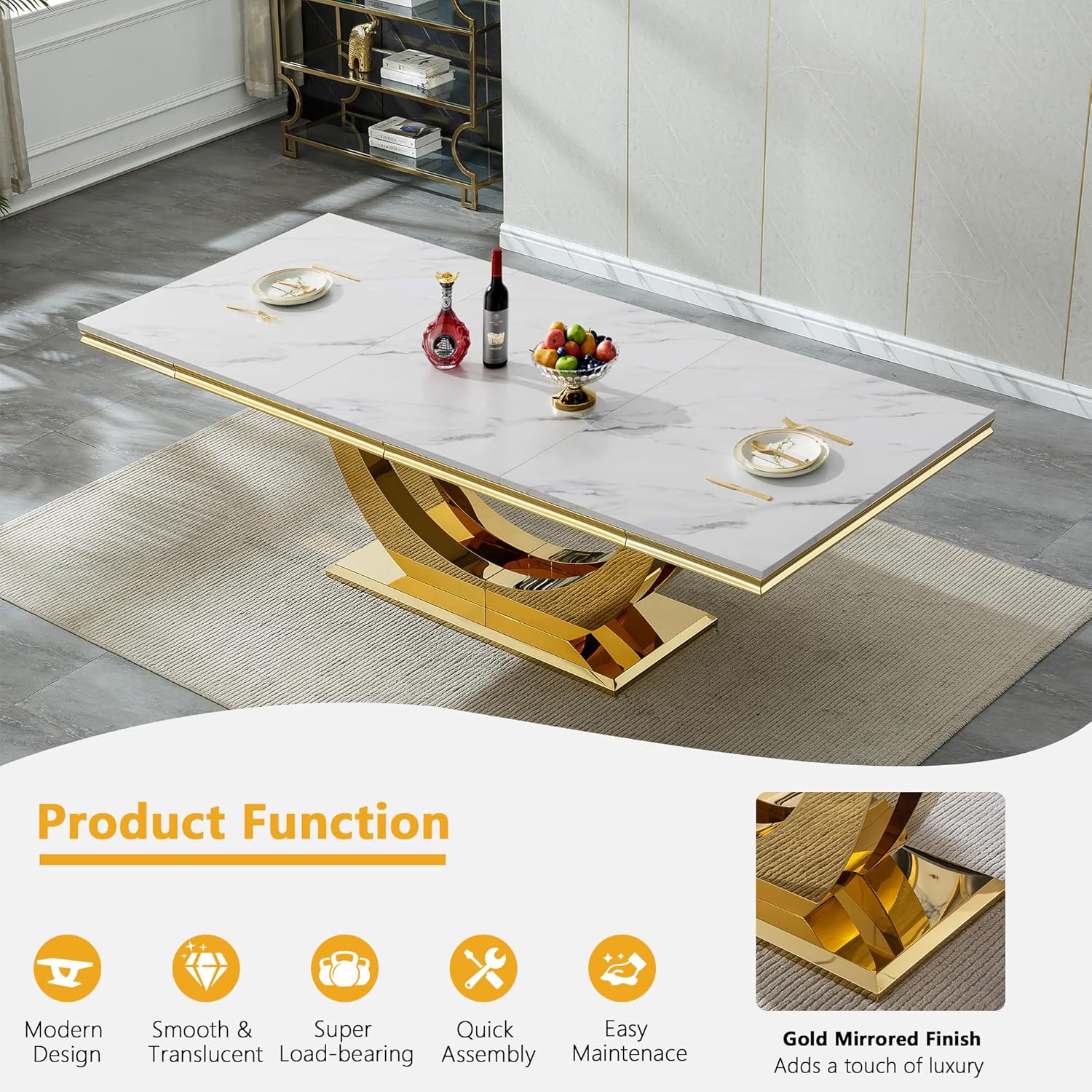 94 in Luxury Faux Marble Dining Table for 6 8 10 People, White Faux Marble Dining Table with Gold U Shaped Stainless Steel Base, Large Rectangular Modern Kitchen Dining Room Table for Family Gathering