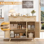Akxomel Rattan Sideboard Buffet Cabinet with Storage, 35.4" W Buffet Cabinet with 2 Drawers and 3 Doors, Sideboard Storage Cabinet with Adjustable Shelves for Kitchen, Living Room, Natural Oak